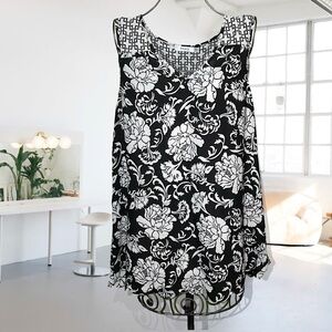 Ricki’s Black and White Floral Print Blouse with Scalloped Edge